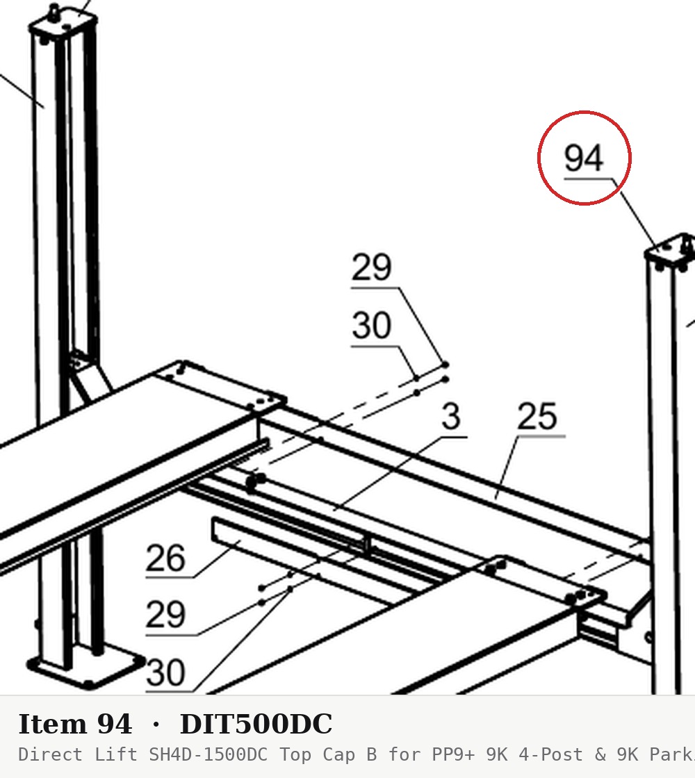 Direct Lift SH4D-1500DC Top Cap B for PP9+ 9K 4-Post & 9K Parking Lift - parts drawing detail