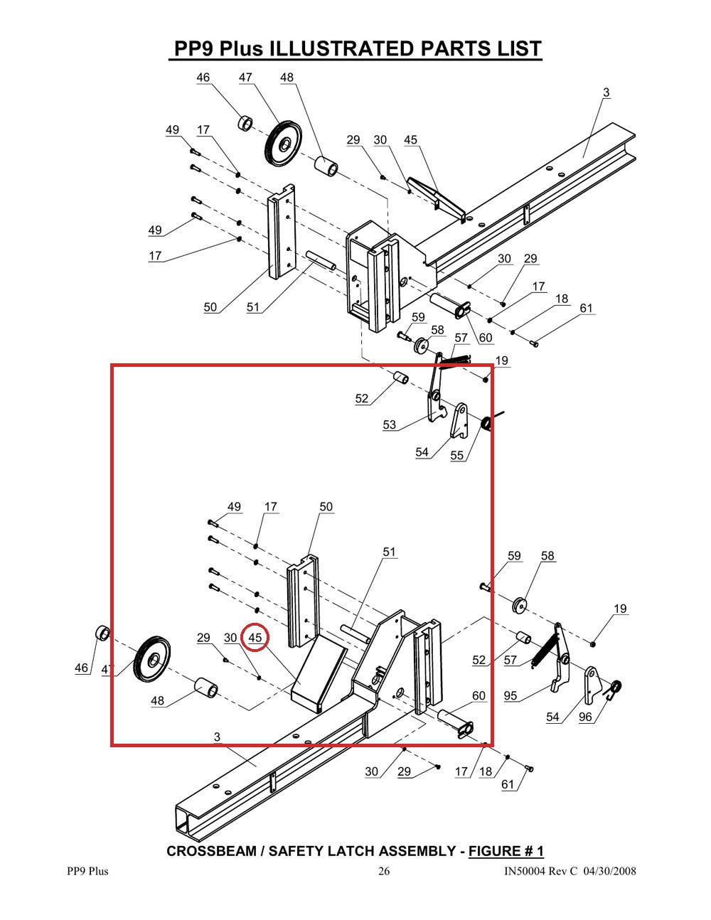 Direct Lift SH4D-2001 Cross Rail Safety Latch Cover for PP9+ 9K 4-Post & 9K Parking Lift - full parts breakdown drawing