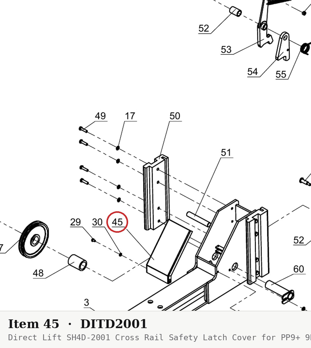 Direct Lift SH4D-2001 Cross Rail Safety Latch Cover for PP9+ 9K 4-Post & 9K Parking Lift - parts drawing detail
