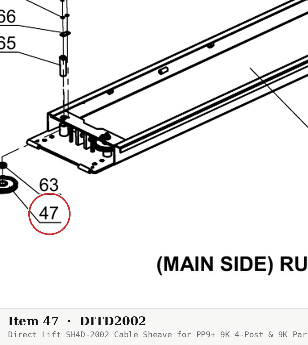 Direct Lift SH4D-2002 Cable Sheave for PP9+ 9K 4-Post & 9K Parking Lift - parts drawing detail