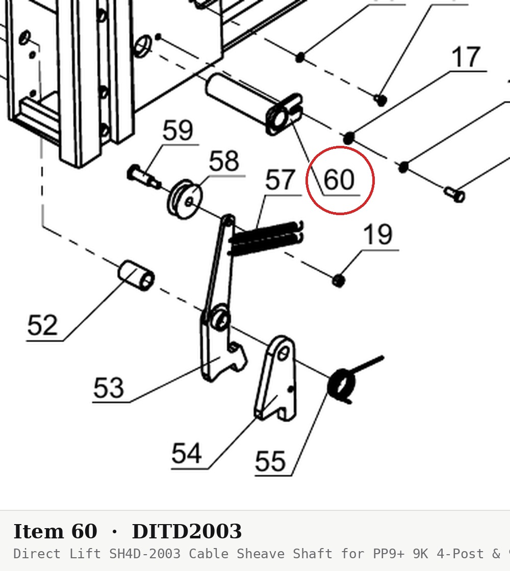 Direct Lift SH4D-2003 Cable Sheave Shaft for PP9+ 9K 4-Post & 9K Parking Lift - parts drawing detail