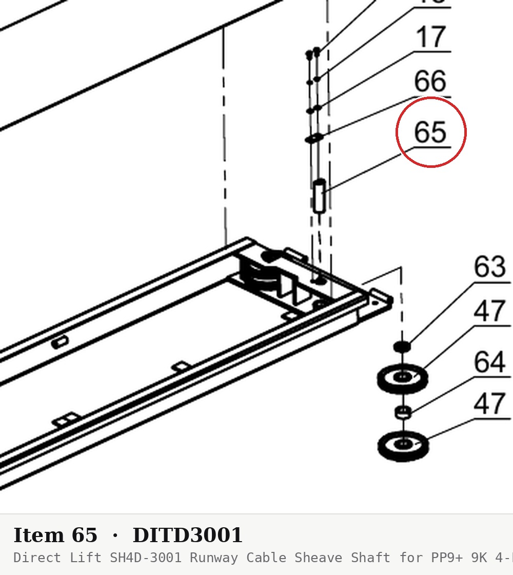 Direct Lift SH4D-3001 Runway Cable Sheave Shaft for PP9+ 9K 4-Post & 9K Parking Lift - parts drawing detail