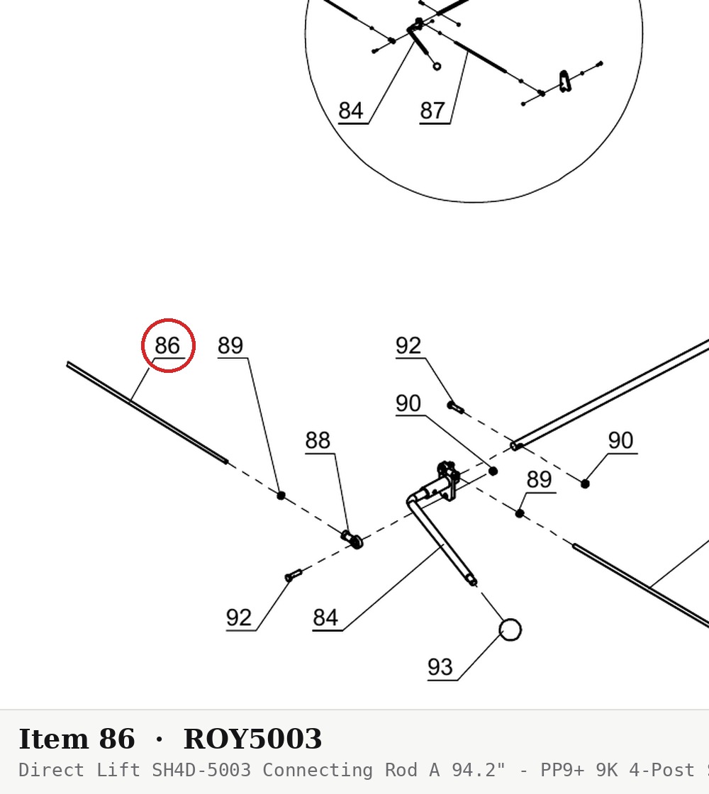 Direct Lift SH4D-5003 Connecting Rod A 94.2" - PP9+ 9K 4-Post Safety Latch Linkage - parts drawing detail