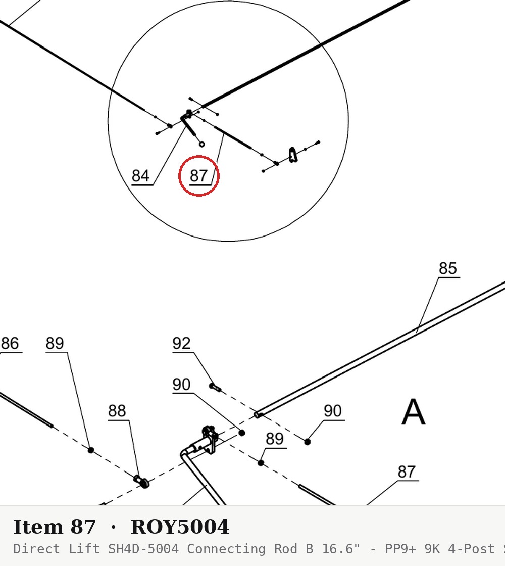 Direct Lift SH4D-5004 Connecting Rod B 16.6" - PP9+ 9K 4-Post Safety Latch Linkage - parts drawing detail