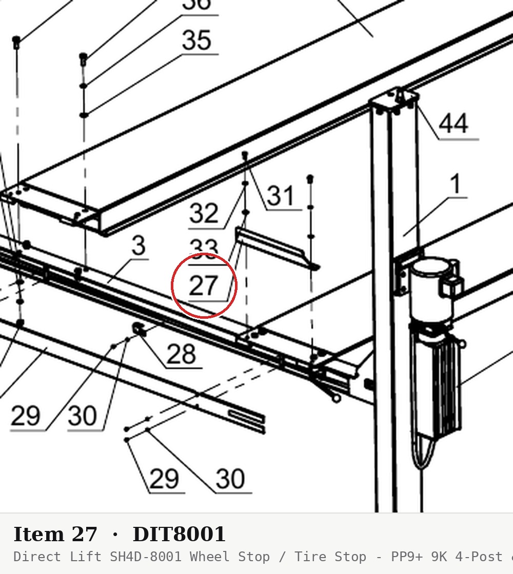Direct Lift SH4D-8001 Wheel Stop / Tire Stop - PP9+ 9K 4-Post & 9K Parking Wider V - parts drawing detail