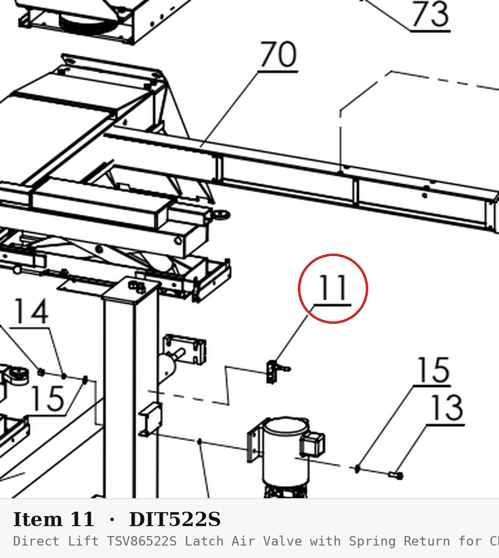 Direct Lift TSV86522S Latch Air Valve with Spring Return for CR14 & Pro14F 14,000 lb Four-Post Lifts - parts drawing detail