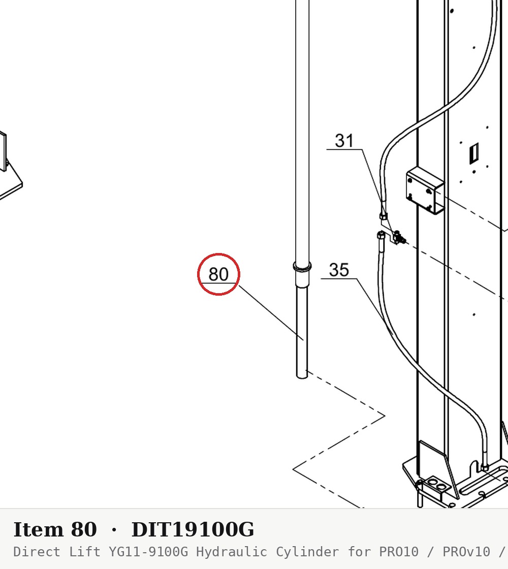 Direct Lift YG11-9100G Hydraulic Cylinder for PRO10 / PROv10 / PV10 (New Style) 10K 2-Post Lifts - parts drawing detail