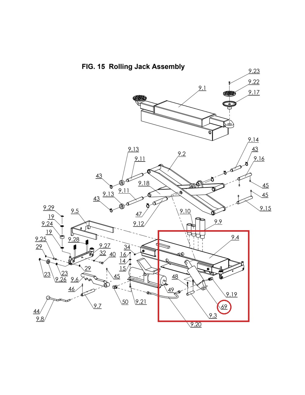 Direct Lift YG28-9100 Rolling Jack Cylinder for RJ-70 (PRO14F 14K Lifts) - full parts breakdown drawing