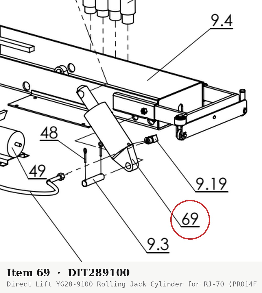 Direct Lift YG28-9100 Rolling Jack Cylinder for RJ-70 (PRO14F 14K Lifts) - parts drawing detail