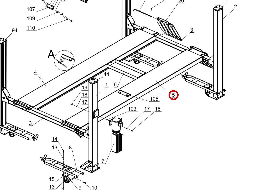 Direct Lift SH4D-3000 Driver Side Runway Weldment (Main Side) for PP9+ 9K 4-Post Lift