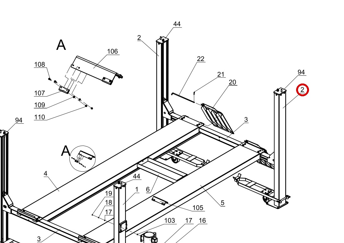 Direct Lift SH4D-1100 Plain Column Weldment (Pin Column) for PP9+ 9K 4-Post & 9K Parking Lift