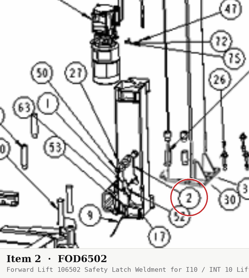 Forward Lift 106502 Safety Latch Weldment for I10 / INT 10 Lifts (7K-10K) - parts drawing detail