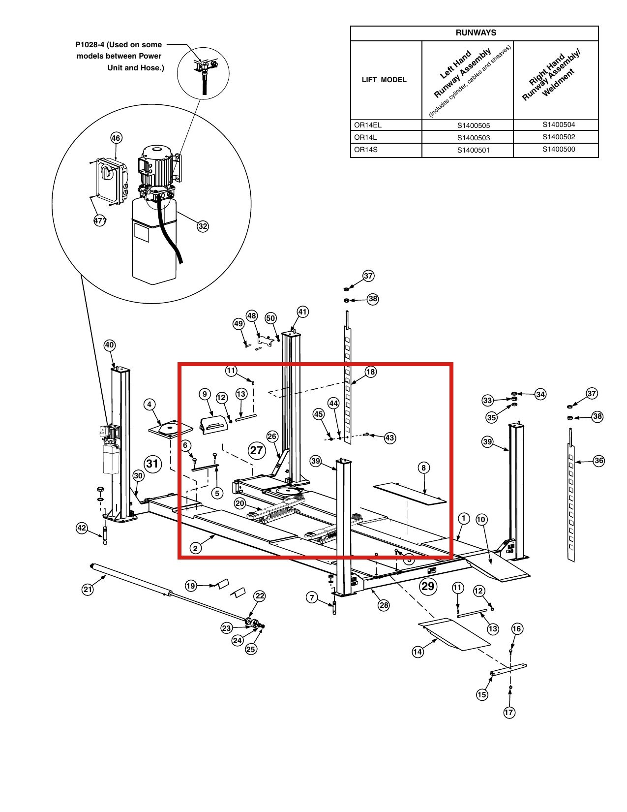 Forward Lift 1400102 Rear Column - OR14 14K Four-Post Lift parts diagram (location)