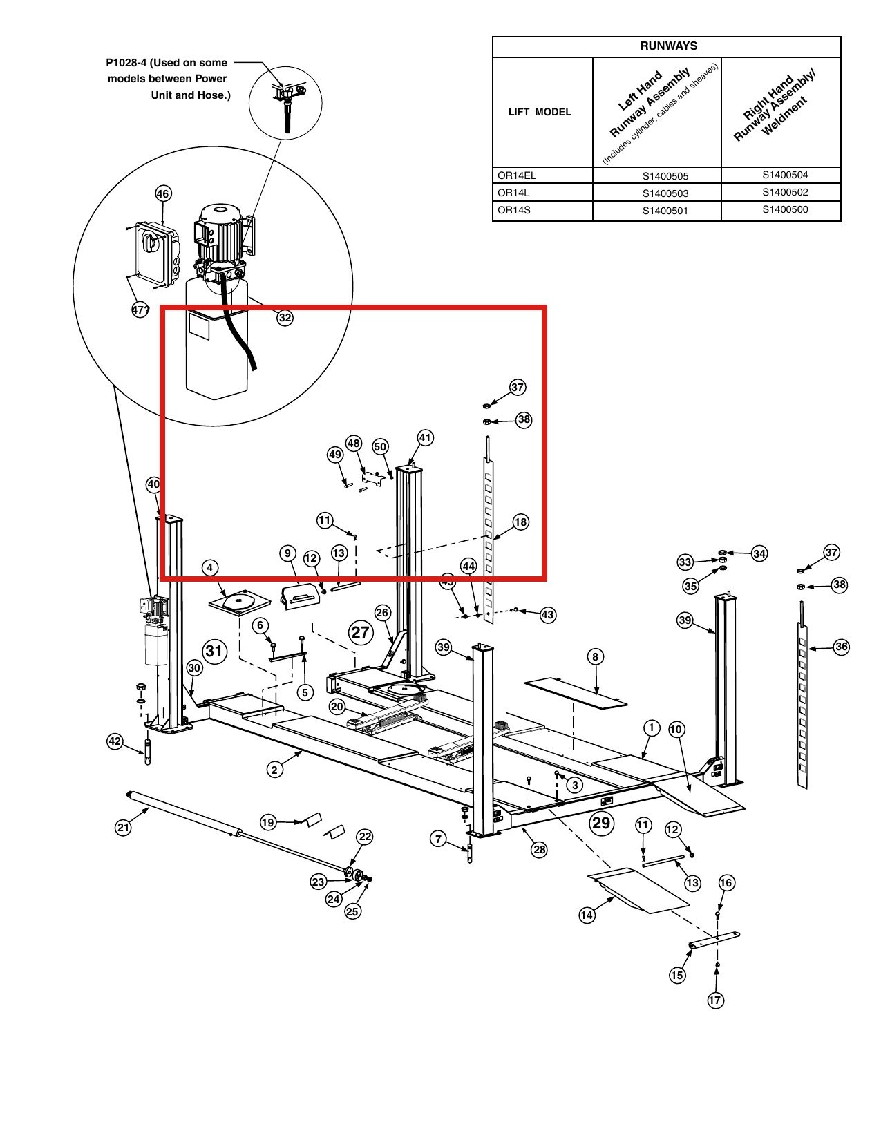Forward Lift 1400107 O.F. Column Tie Bar - OR14 14K Four-Post Lift parts diagram (location)
