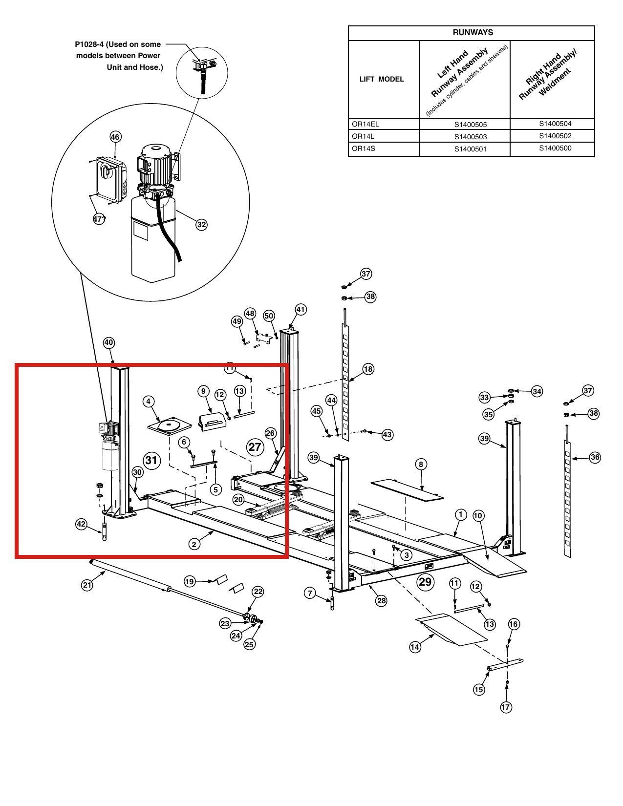 Forward Lift 1400400 Left Front Yoke Assembly with Latches - OR14 14K Four-Post Lift parts diagram (location)