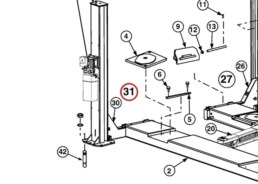 Forward Lift 1400400 Left Front Yoke Assembly with Latches - OR14 14K Four-Post Lift parts diagram