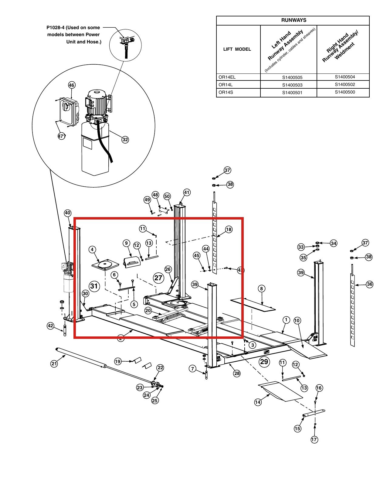 Forward Lift 1400401 Right Front Yoke Assembly with Latches - OR14 14K Four-Post Lift parts diagram (location)