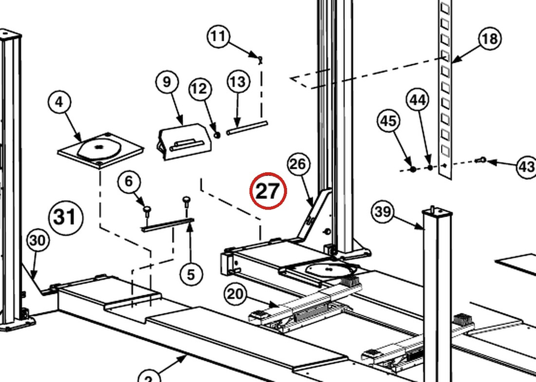Forward Lift 1400401 Right Front Yoke Assembly with Latches - OR14 14K Four-Post Lift parts diagram