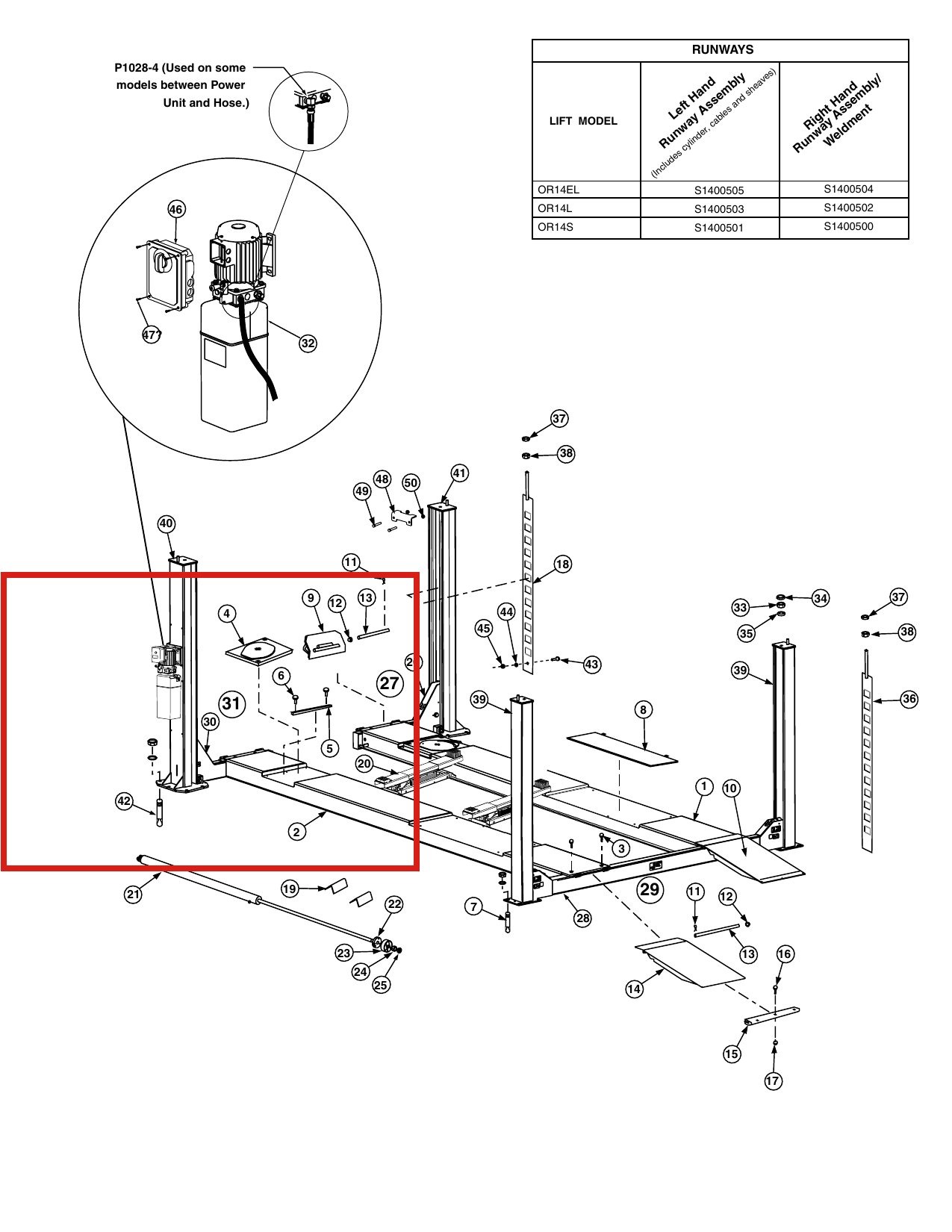 Forward Lift 1400402 Left Front Yoke Weldment - OR14 14K Four-Post Lift parts diagram (location)