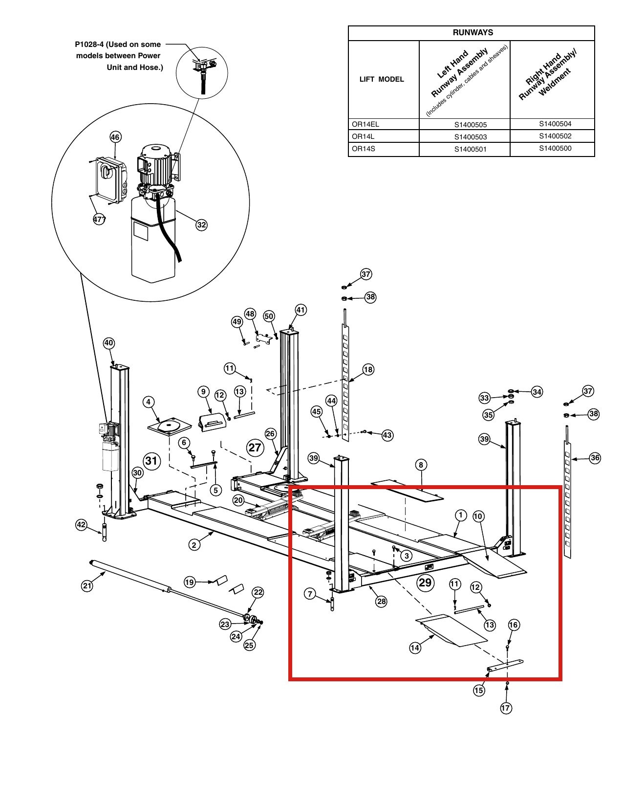 Forward Lift 1400404 Rear Yoke Assembly with Latches for OR14 14K 4-Post Lift parts diagram (location)