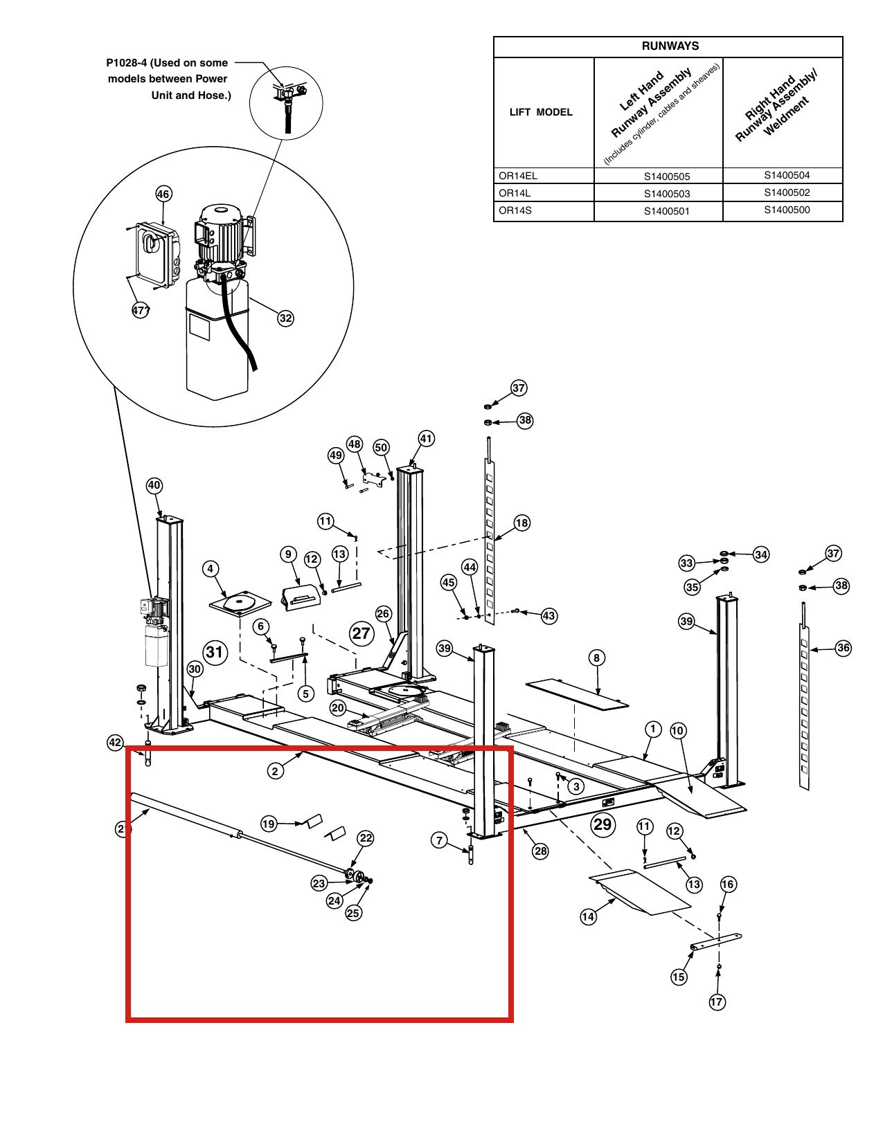Forward Lift 1400518 Cable Retainer for OR14 14K 4-Post Lift Runways parts diagram (location)