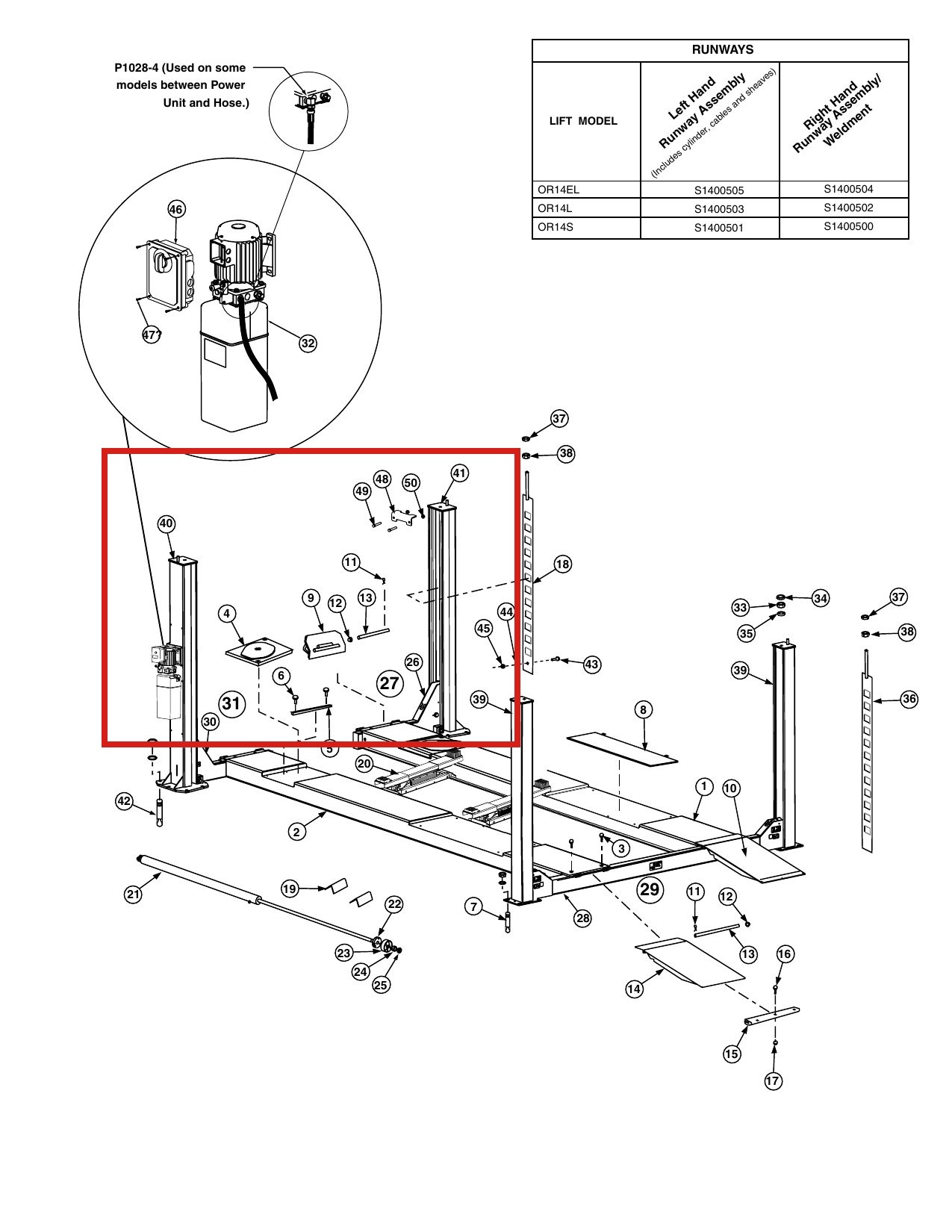Forward Lift 1400524 Wheel Stop for OR14 14K 4-Post Lift Runways parts diagram (location)