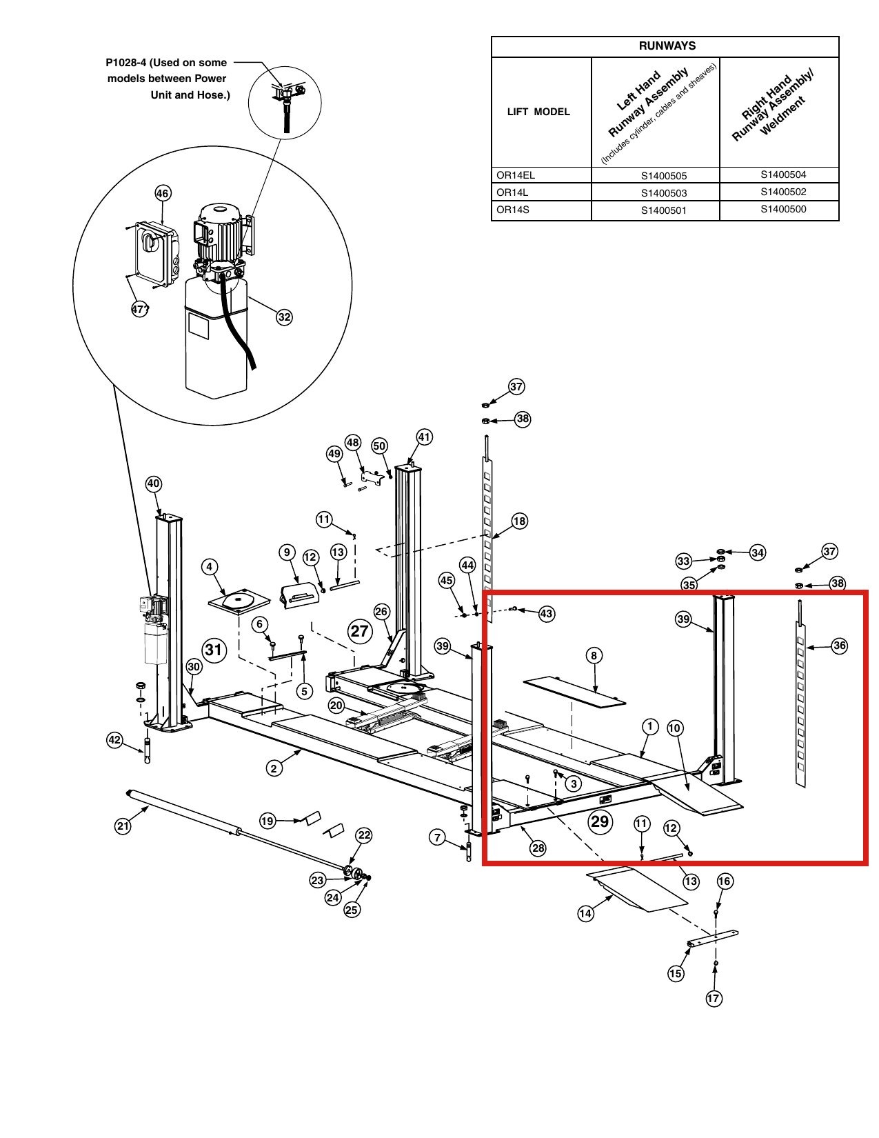 Forward Lift 1400525 Extended Ramp Chock Assembly for OR14 14K 4-Post Lift parts diagram (location)