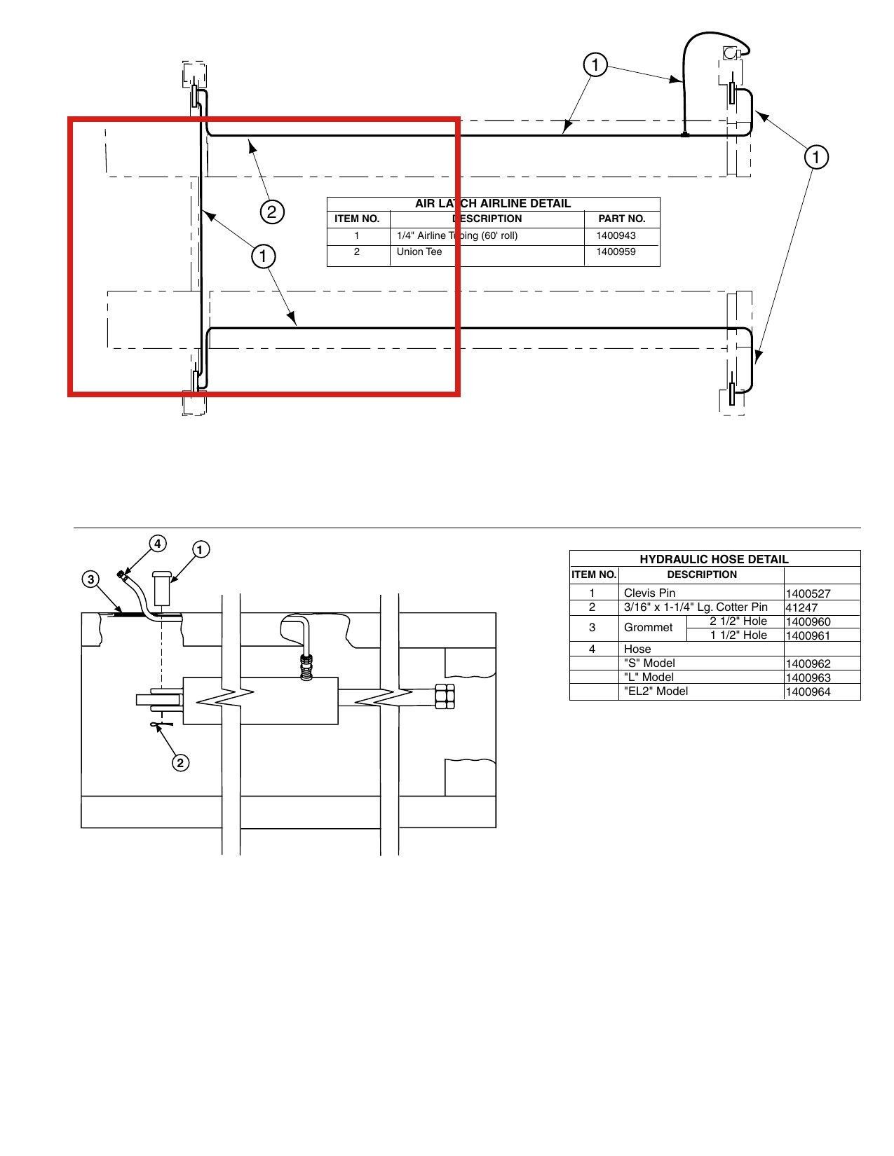 Forward Lift 1400527 Clevis Pin for OR14 14K 4-Post Lift Hydraulic Hose Assembly parts diagram (location)