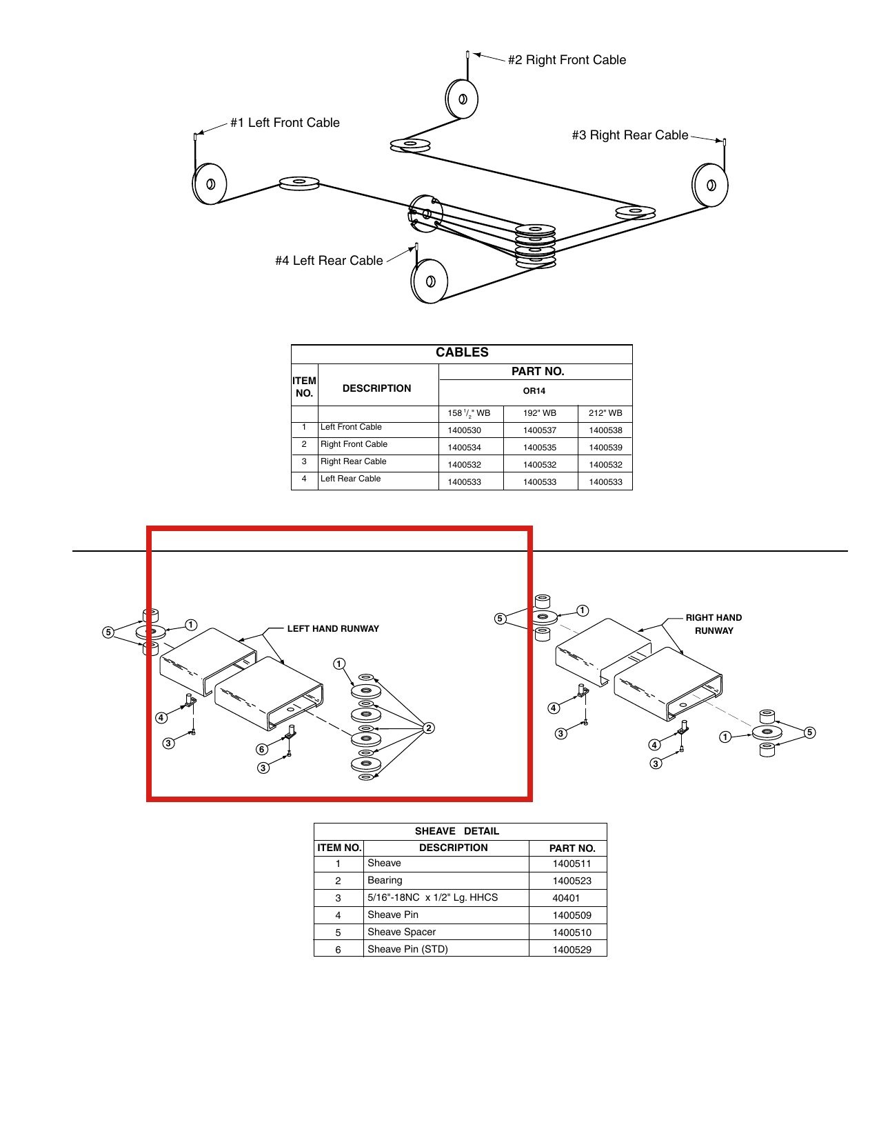 Forward Lift 1400530 Left Front Lifting Cable, 158-1/2" WB, for OR14 14K 4-Post Lift parts diagram (location)