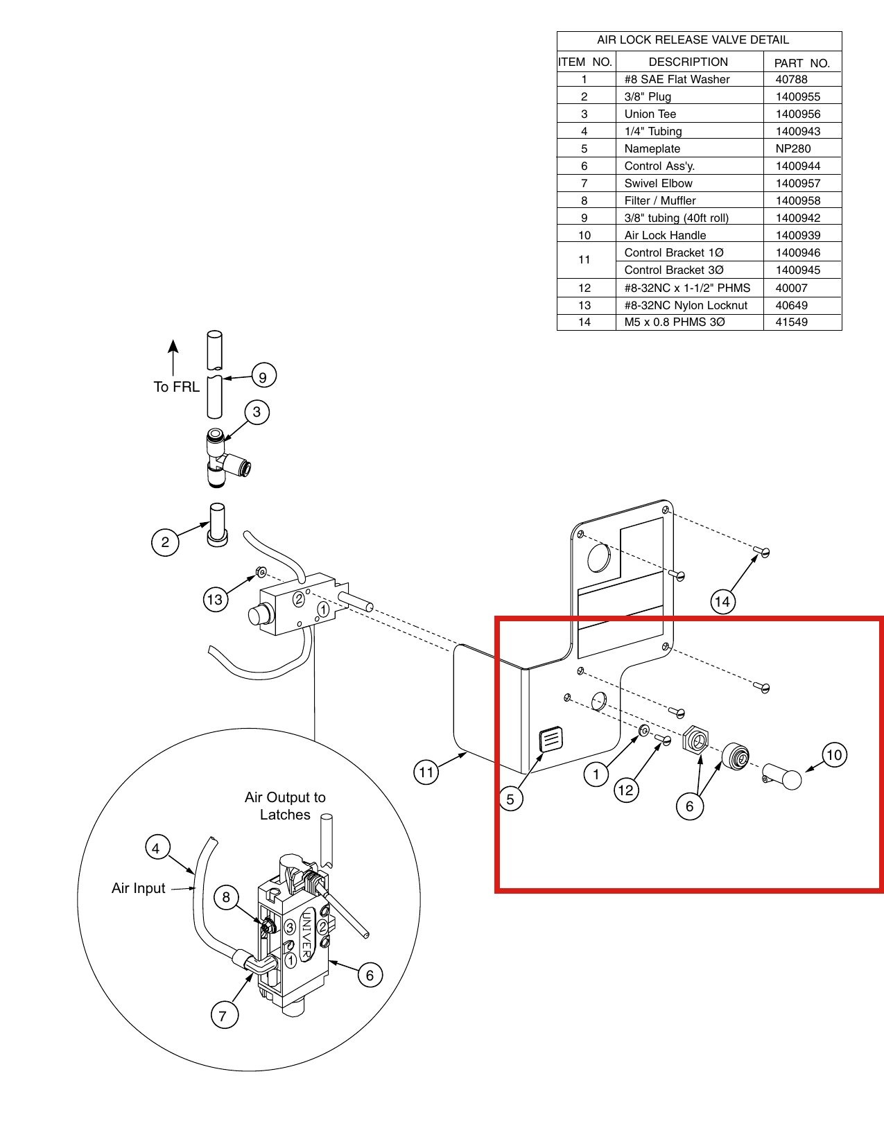 Forward Lift 1400939 Air Lock Handle for OR14 14K 4-Post Lift parts diagram (location)