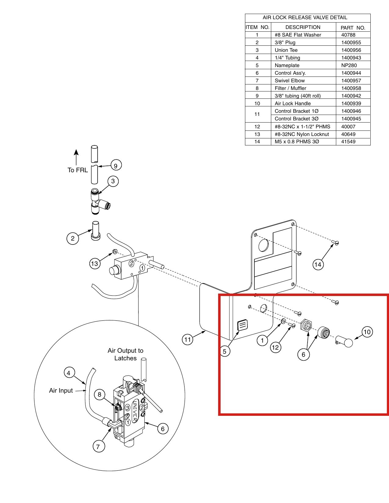 Forward Lift 1400944 Control Assembly for OR14 14K 4-Post Lift Air Lock Release parts diagram (location)