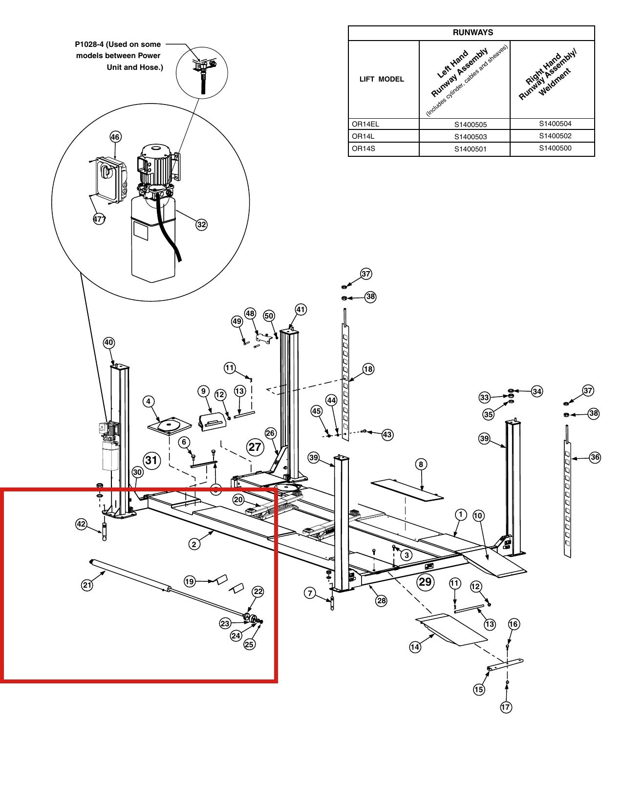Forward Lift 1400949 Hydraulic Cylinder for OR14 14K 4-Post Lift parts diagram (location)