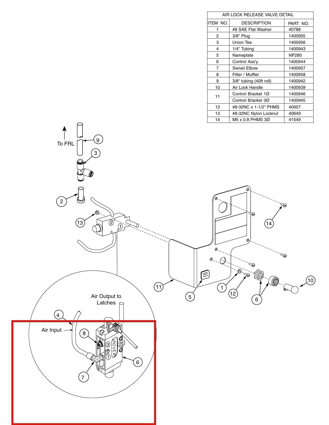 Forward Lift 1400957 Swivel Elbow for OR14 14K 4-Post Lift Air Lock Release Circuit parts diagram (location)
