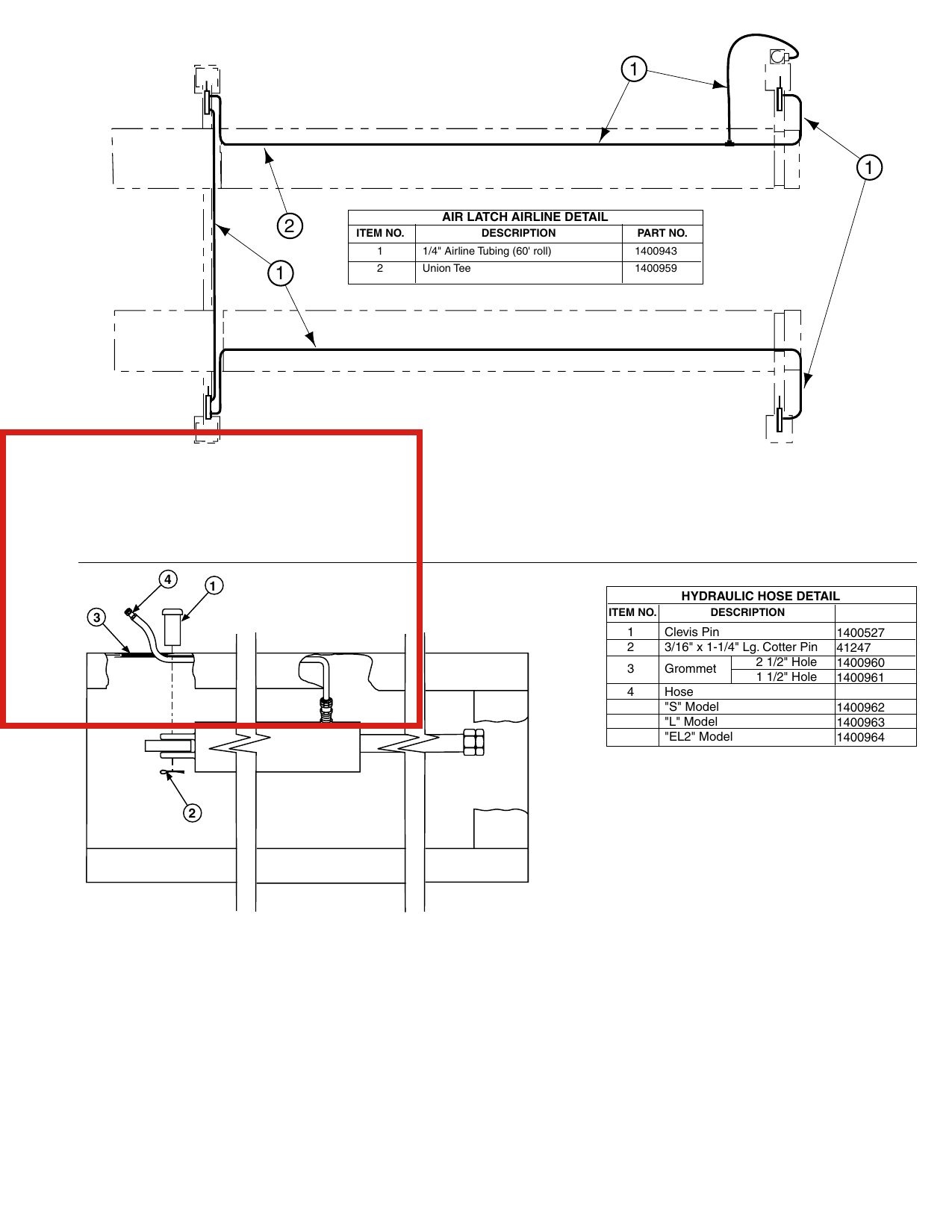 Forward Lift 1400963 Hydraulic Hose for OR14 14K 4-Post Lift, "L" Model parts diagram (location)