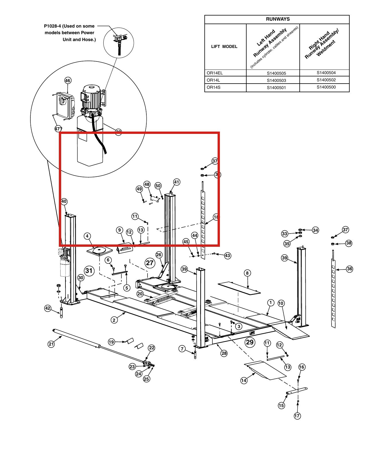 Forward Lift 40247 1/2"-13NC x 3" HHCS Grade 8 Bolt for OR14 14K 4-Post Lift Runways parts diagram (location)