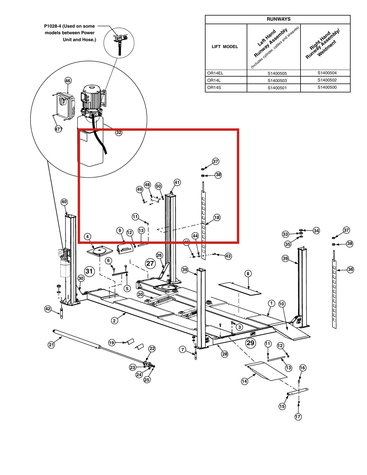 Forward Lift 40704 1/2"-13NC Flanged Whiz-Lock Nut for OR14 14K 4-Post Runways parts diagram (location)