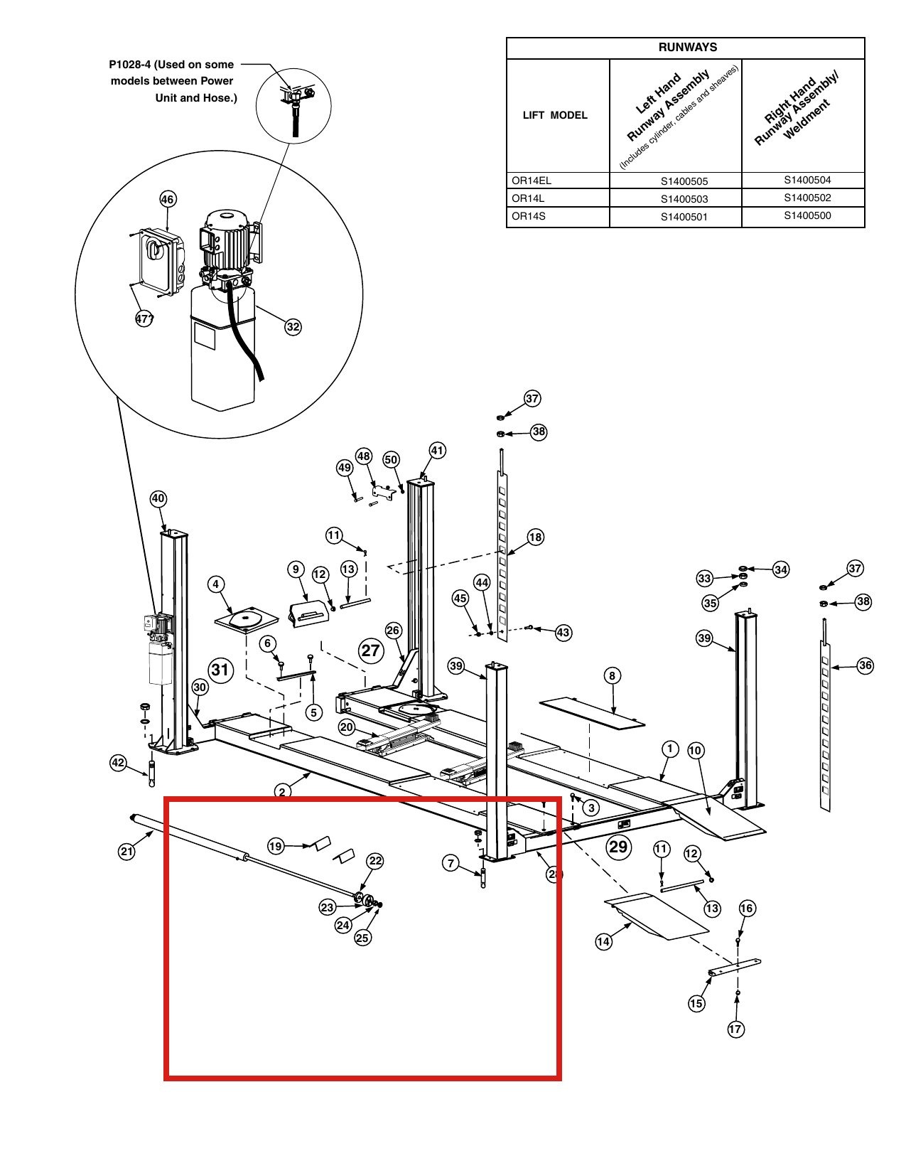 Forward Lift 40773 1-3/8"-6NC Hex Jam Nut for 12K & OR14 14K 4-Post Lift Main Assembly parts diagram (location)