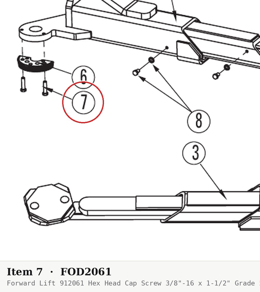 Forward Lift 912061 Hex Head Cap Screw 3/8"-16 x 1-1/2" Grade 5 Plated for I10, DP10 Arm & Adapter Assembly - parts drawing d
