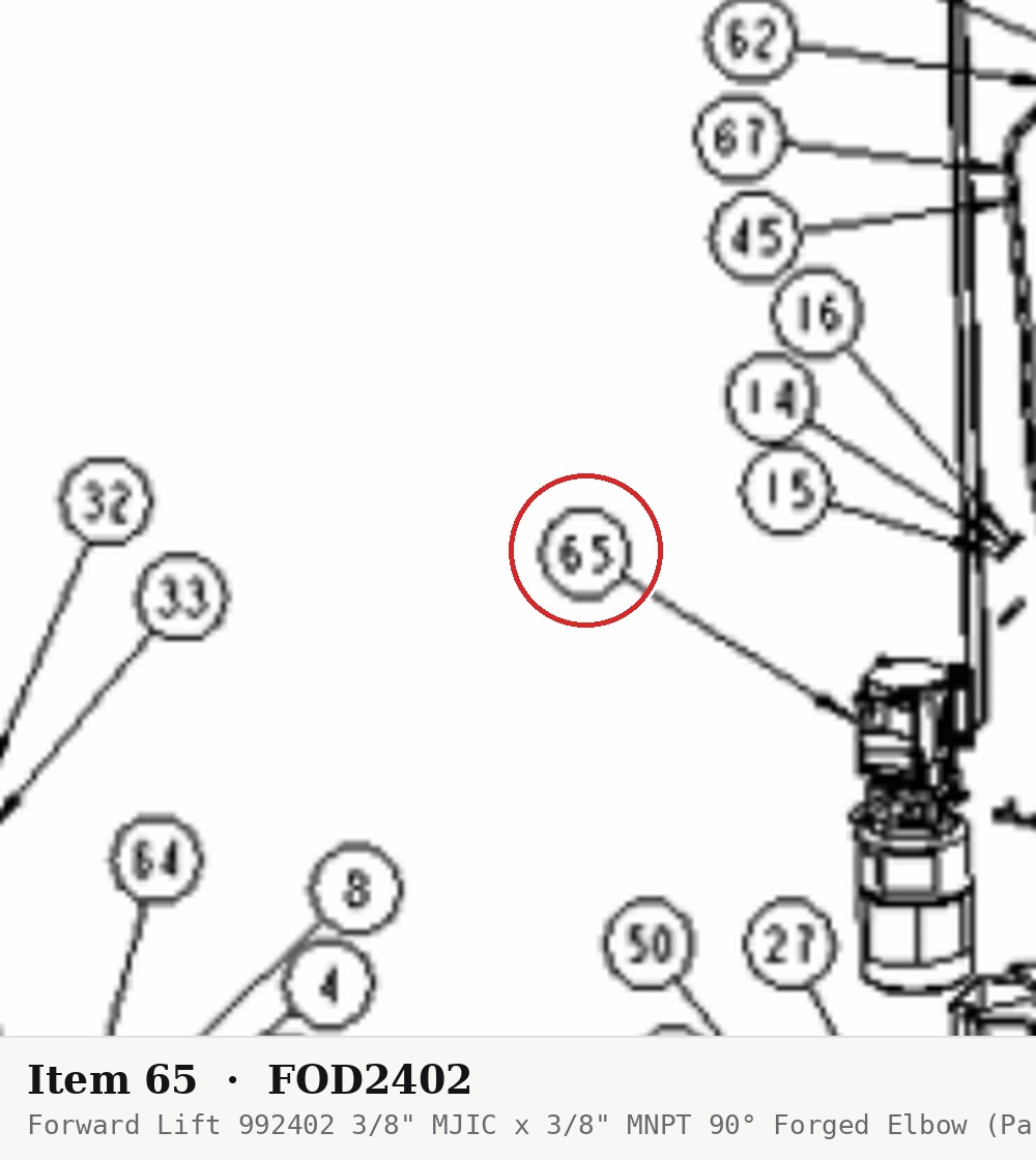 Forward Lift 992402 3/8" MJIC x 3/8" MNPT 90° Forged Elbow (Parker 6-6CTX) - CR40-50, DP10AN, DP97S2 - parts drawing detail