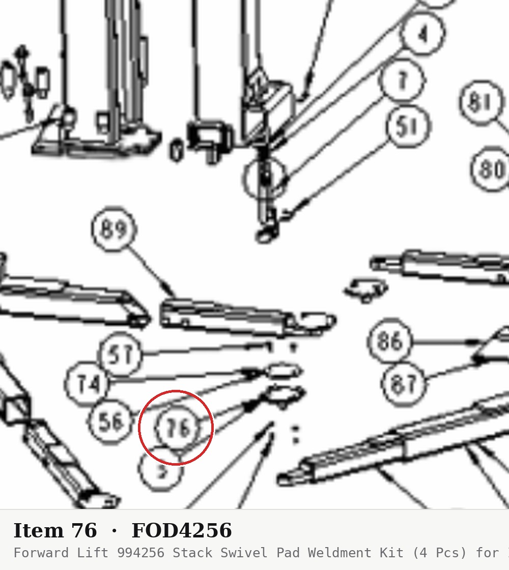 Forward Lift 994256 Stack Swivel Pad Weldment Kit (4 Pcs) for I10 / INT 10 Two-Post Lifts (8K, 9K, 10K) - parts drawing detai