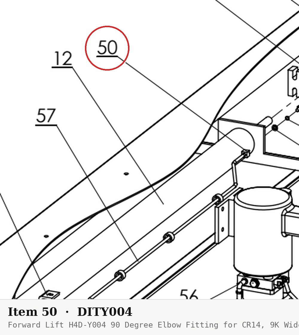 Forward Lift H4D-Y004 90 Degree Elbow Fitting for CR14, 9K Wide & DP-7 Lifts - parts drawing detail