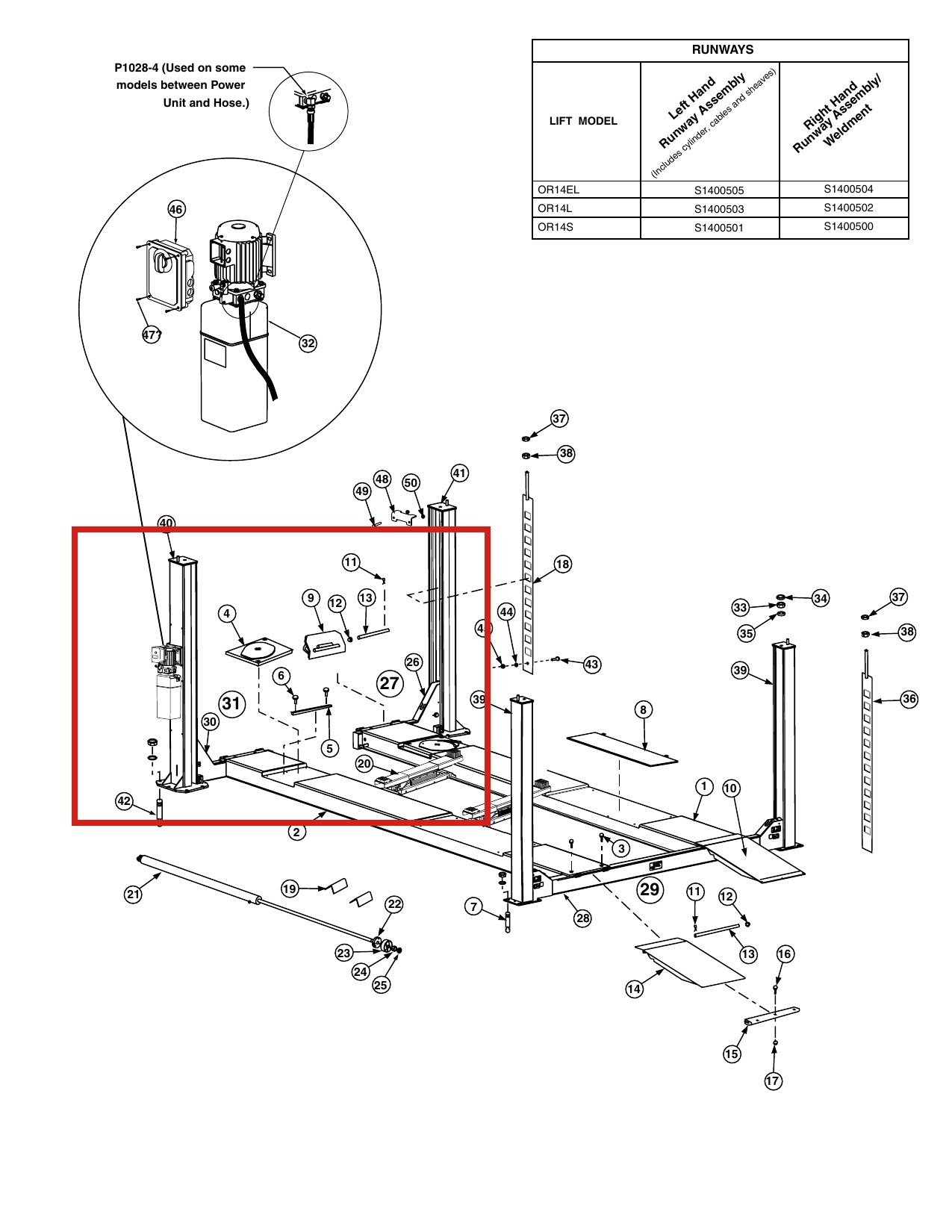 Forward Lift Lift Part 42073 5/16"-18NC x 5/8" Whiz-Lock Bolt - 12K & OR14 14K 4-Post Runway Assembly parts diagram (location)