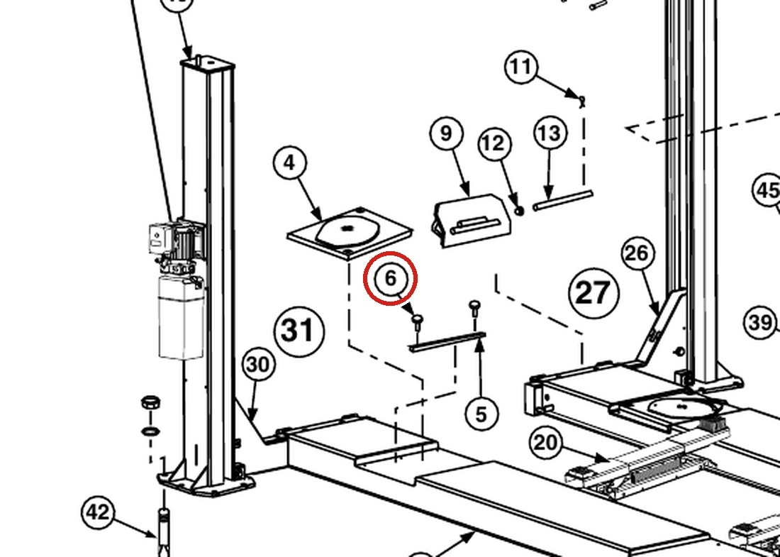 Forward Lift Lift Part 42073 5/16"-18NC x 5/8" Whiz-Lock Bolt - 12K & OR14 14K 4-Post Runway Assembly parts diagram