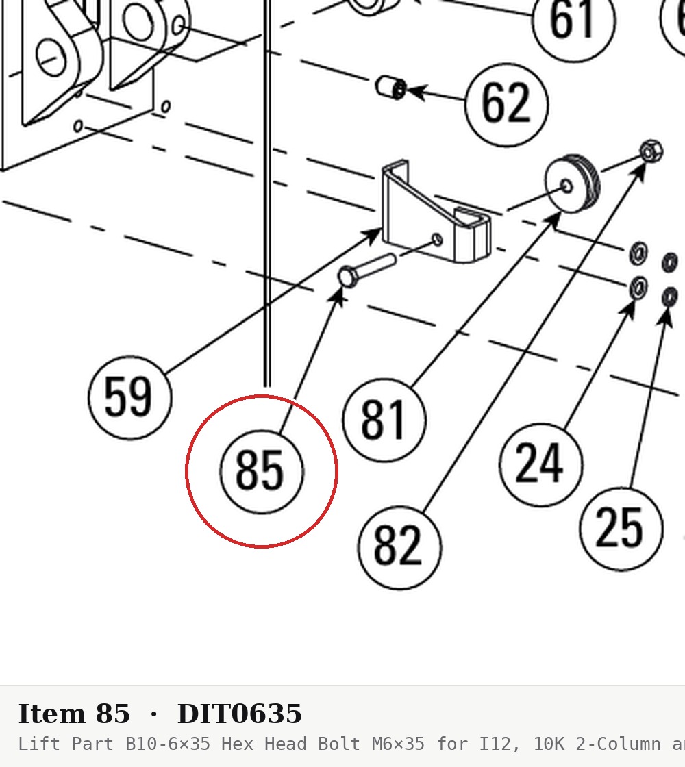 Lift Part B10-6×35 Hex Head Bolt M6×35 for I12, 10K 2-Column and PRO9D 9K 2-Post Lifts - parts drawing detail