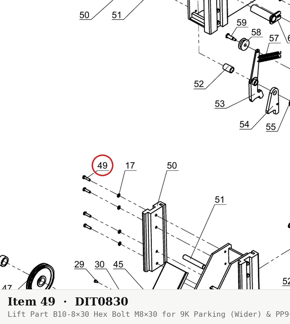 Lift Part B10-8×30 Hex Bolt M8×30 for 9K Parking (Wider) & PP9+ 9K 4-Post Lifts - Crossbeam / Safety Latch - parts drawing de