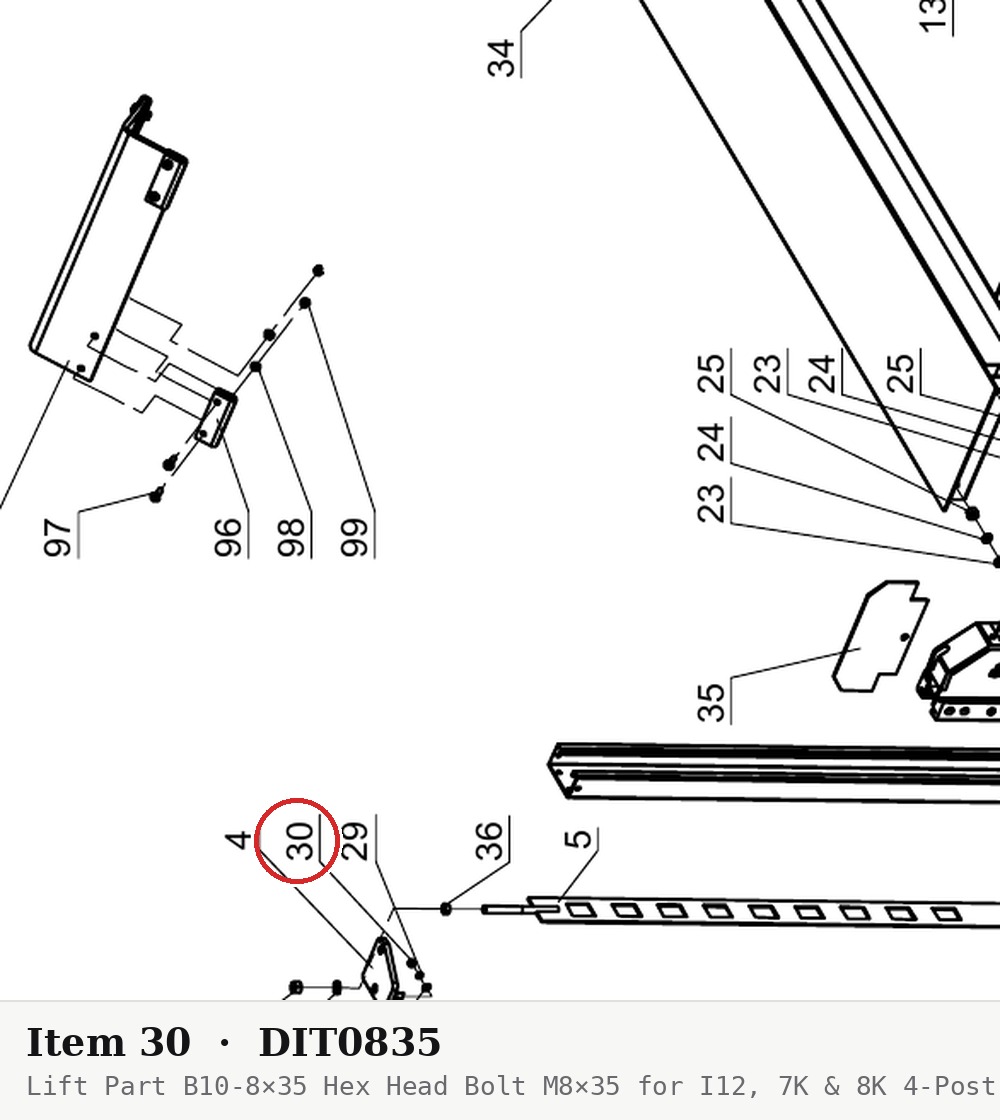 Lift Part B10-8×35 Hex Head Bolt M8×35 for I12, 7K & 8K 4-Post Parking Lifts - parts drawing detail