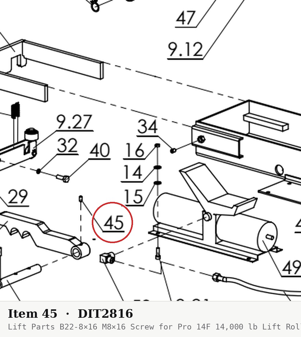 Lift Parts B22-8×16 M8×16 Screw for Pro 14F 14,000 lb Lift Rolling Jack - parts drawing detail