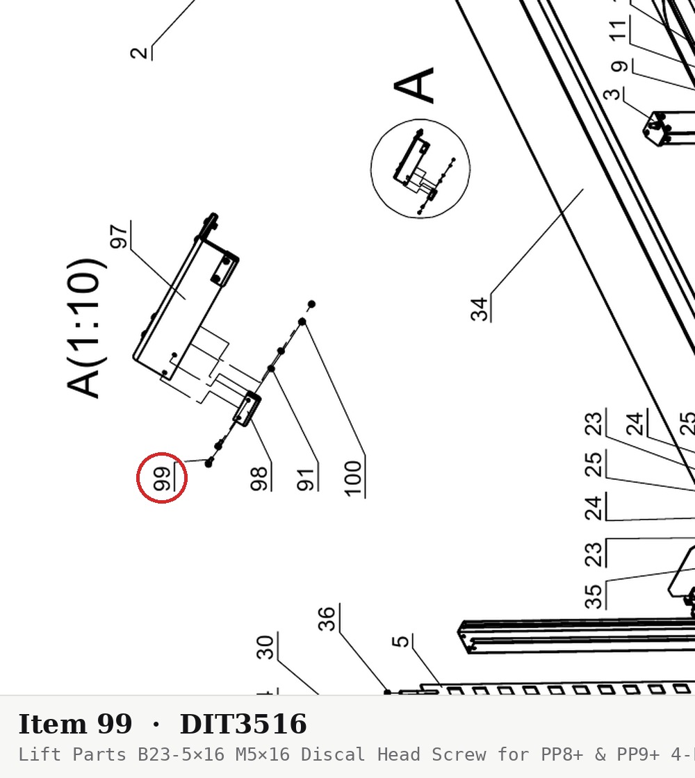 Lift Parts B23-5×16 M5×16 Discal Head Screw for PP8+ & PP9+ 4-Post Lifts - parts drawing detail