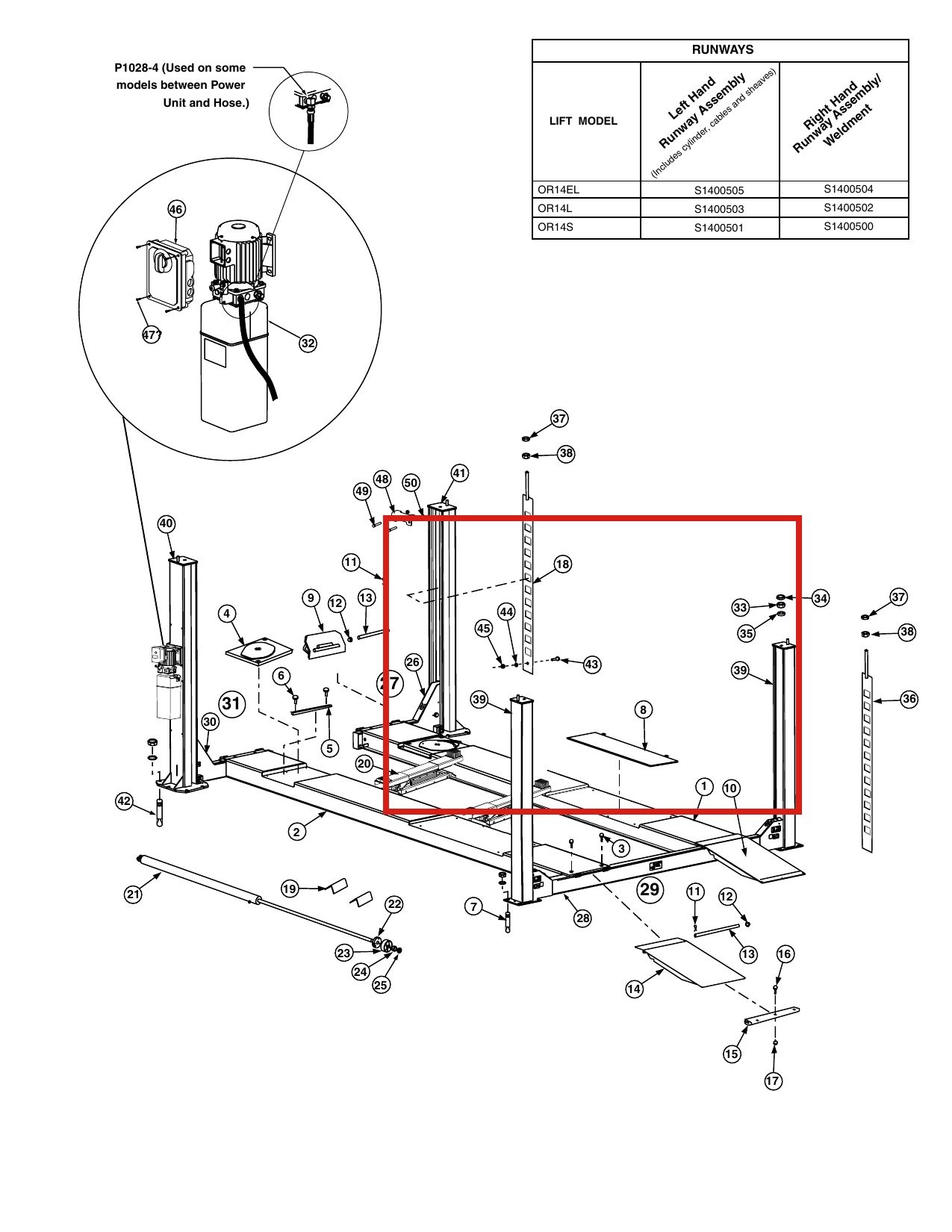 Rotary 40101 1/4"-20NCx1 3/4" HHCS for OR14 14K 4-Post Lift parts diagram (location)