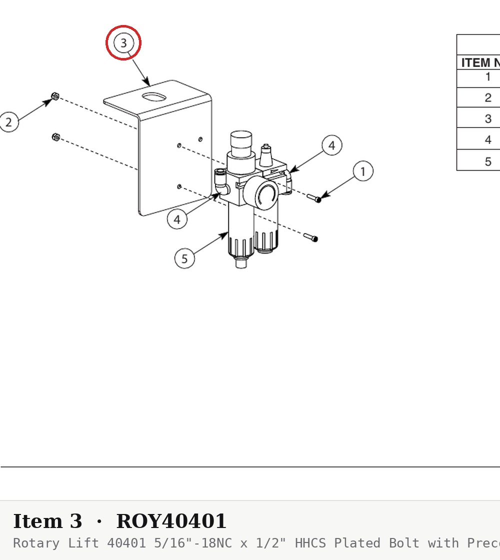 Rotary Lift 40401 5/16"-18NC x 1/2" HHCS Plated Bolt with Precote 80 for CR18, 12K & OR14 Sheave Detail - parts drawing detai